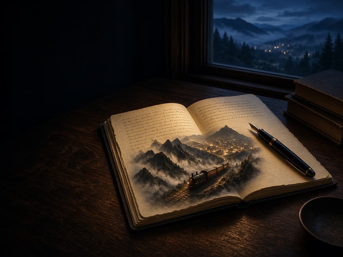 An open manuscript becoming an imagined mountain landscape beside a window at blue hour